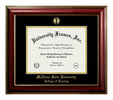 McNeese State University College of Nursing Diploma Frame in Classic Mahogany with Gold Trim with Black & Gold Mats for DOCUMENT: 8 1/2"H X 11"W  