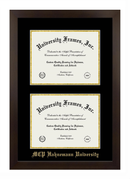 MCP Hahnemann University Double Degree (Stacked) Frame in Manhattan Espresso with Black & Gold Mats for document: 8 1/2"h x 11"w  , document: 8 1/2"h x 11"w  