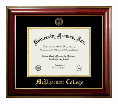 McPherson College Diploma Frame in Classic Mahogany with Gold Trim with Black & Gold Mats for document: 8 1/2"h x 11"w  
