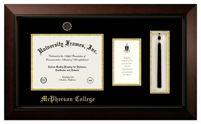 McPherson College Diploma with Announcement & Tassel Box Frame in Legacy Black Cherry with Black & Gold Mats for document: 8 1/2"h x 11"w  , diploma: 7"h x 4"w  