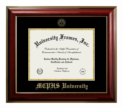 MCPHS (Massachusetts College of Pharmacy and Health Sciences) University Diploma Frame in Classic Mahogany with Gold Trim with Black & Gold Mats for DOCUMENT: 8 1/2"H X 11"W  