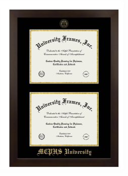 MCPHS (Massachusetts College of Pharmacy and Health Sciences) University Double Diploma Frame in Manhattan Espresso with Black & Gold Mats for DOCUMENT: 8 1/2"H X 11"W  , DOCUMENT: 8 1/2"H X 11"W  