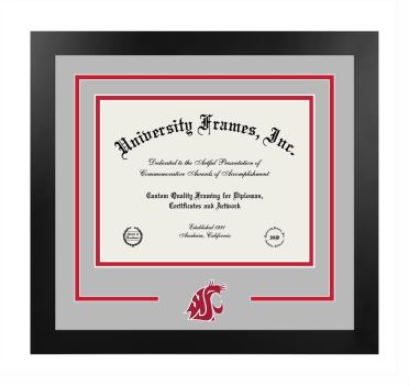 Washington State University Logo Mat Frame in Manhattan Black with Gray & Red Mats for DOCUMENT: 8 1/2"H X 11"W  