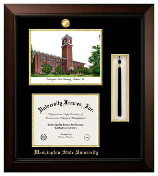 Washington State University Double Opening with Campus Image & Tassel Box (Stacked) Frame in Legacy Black Cherry with Black & Gold Mats for document: 8 1/2"h x 11"w  
