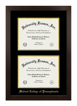 Medical College of Pennsylvania Double Degree (Stacked) Frame in Manhattan Espresso with Black & Gold Mats for document: 8 1/2"h x 11"w  , document: 8 1/2"h x 11"w  