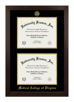 Medical College of Virginia Double Diploma Frame in Manhattan Espresso with Black & Gold Mats for DOCUMENT: 8 1/2"H X 11"W  , DOCUMENT: 8 1/2"H X 11"W  