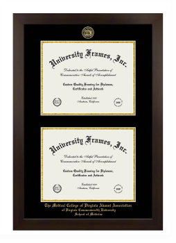 Medical College of Virginia Alumni Association of Virginia Commonwealth University School of Medicine Double Degree (Stacked) Frame in Manhattan Espresso with Black & Gold Mats for document: 8 1/2"h x 11"w  , document: 8 1/2"h x 11"w  