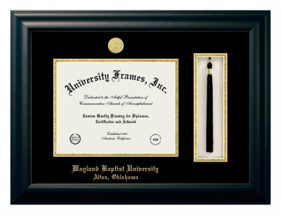 Wayland Baptist University Altus, Oklahoma Diploma with Tassel Box Frame in Satin Black with Black & Gold Mats for DOCUMENT: 8 1/2"H X 11"W  