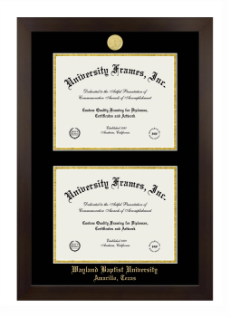 Wayland Baptist University Amarillo, Texas Double Degree (Stacked) Frame in Manhattan Espresso with Black & Gold Mats for document: 8 1/2"h x 11"w  , document: 8 1/2"h x 11"w  