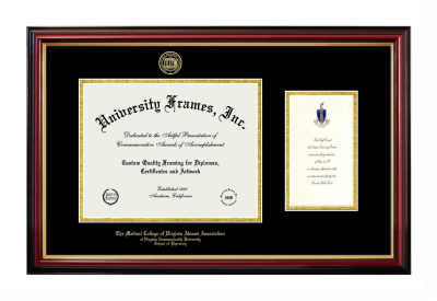 Medical College of Virginia Alumni Association of Virginia Commonwealth University School of Pharmacy Diploma with Announcement Frame in Petite Mahogany with Gold Trim with Black & Gold Mats for document: 8 1/2"h x 11"w  , diploma: 7"h x 4"w  