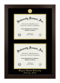 Wayland Baptist University Anchorage, Alaska Double Degree (Stacked) Frame in Manhattan Espresso with Black & Gold Mats for document: 8 1/2"h x 11"w  , document: 8 1/2"h x 11"w  