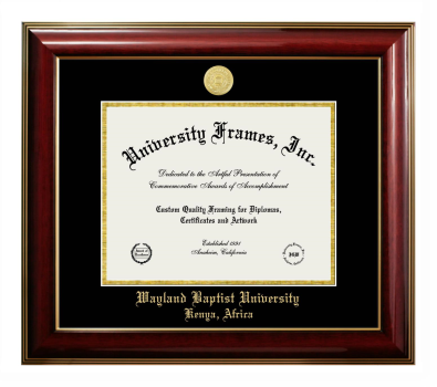 Wayland Baptist University Kenya, Africa Diploma Frame in Classic Mahogany with Gold Trim with Black & Gold Mats for DOCUMENT: 8 1/2"H X 11"W  