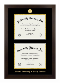 Medical University of South Carolina Double Degree (Stacked) Frame in Manhattan Espresso with Black & Gold Mats for DOCUMENT: 8 1/2"H X 11"W  , DOCUMENT: 8 1/2"H X 11"W  