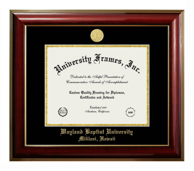 Wayland Baptist University Mililani, Hawaii Diploma Frame in Classic Mahogany with Gold Trim with Black & Gold Mats for DOCUMENT: 8 1/2"H X 11"W  