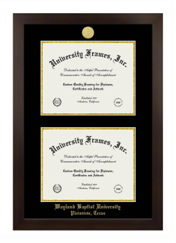 Wayland Baptist University Plainview, Texas Double Degree (Stacked) Frame in Manhattan Espresso with Black & Gold Mats for document: 8 1/2"h x 11"w  , document: 8 1/2"h x 11"w  