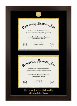 Wayland Baptist University Wichita Falls, Texas Double Degree (Stacked) Frame in Manhattan Espresso with Black & Gold Mats for document: 8 1/2"h x 11"w  , document: 8 1/2"h x 11"w  