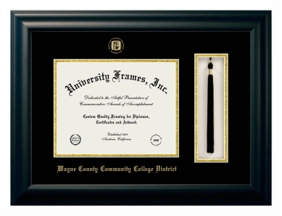 Wayne County Community College District Diploma with Tassel Box Frame in Satin Black with Black & Gold Mats for DOCUMENT: 8 1/2"H X 11"W  