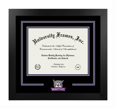 Weber State University Logo Mat Frame in Manhattan Black with Black & Purple Mats for document: 8 1/2"h x 11"w  