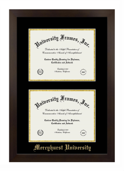 Mercyhurst University Double Degree (Stacked) Frame in Manhattan Espresso with Black & Gold Mats for document: 8 1/2"h x 11"w  , document: 8 1/2"h x 11"w  