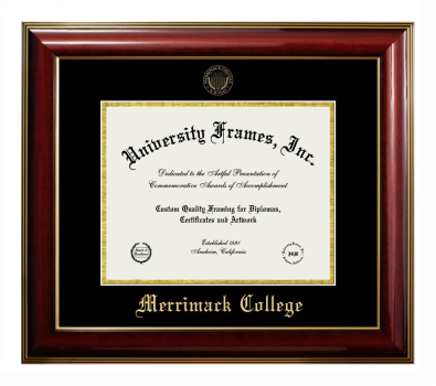 Merrimack College Diploma Frame in Classic Mahogany with Gold Trim with Black & Gold Mats for document: 8 1/2"h x 11"w  