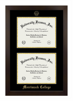 Merrimack College Double Degree (Stacked) Frame in Manhattan Espresso with Black & Gold Mats for document: 8 1/2"h x 11"w  , document: 8 1/2"h x 11"w  
