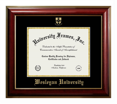 Wesleyan University Diploma Frame in Classic Mahogany with Gold Trim with Black & Gold Mats for DOCUMENT: 8 1/2"H X 11"W  