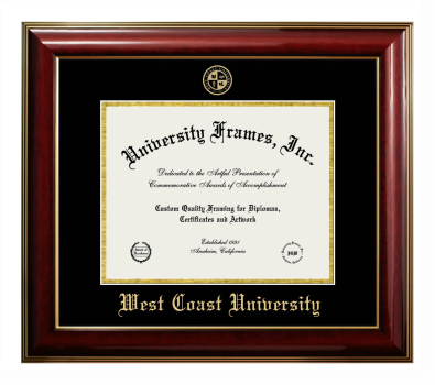West Coast University Diploma Frame in Classic Mahogany with Gold Trim with Black & Gold Mats for DOCUMENT: 8 1/2"H X 11"W  