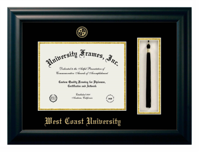 West Coast University Diploma with Tassel Box Frame in Satin Black with Black & Gold Mats for DOCUMENT: 8 1/2"H X 11"W  