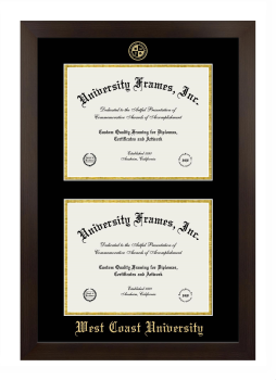 West Coast University Double Degree (Stacked) Frame in Manhattan Espresso with Black & Gold Mats for document: 8 1/2"h x 11"w  , document: 8 1/2"h x 11"w  