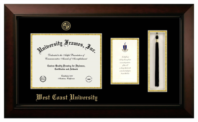 West Coast University Diploma with Announcement & Tassel Box Frame in Legacy Black Cherry with Black & Gold Mats for DOCUMENT: 8 1/2"H X 11"W  ,  7"H X 4"W  