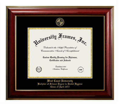 West Coast University Bachelor of Science Degree in Dental Hygiene Class of April 2017 Diploma Frame in Classic Mahogany with Gold Trim with Black & Gold Mats for DOCUMENT: 8 1/2"H X 11"W  