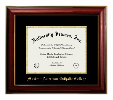 Mexican American Catholic College Diploma Frame in Classic Mahogany with Gold Trim with Black & Gold Mats for document: 8 1/2"h x 11"w  