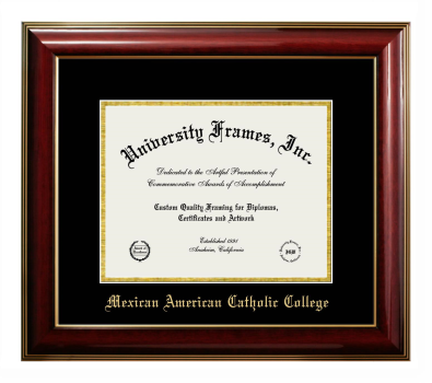 Mexican American Catholic College Diploma Frame in Classic Mahogany with Gold Trim with Black & Gold Mats for DOCUMENT: 8 1/2"H X 11"W  