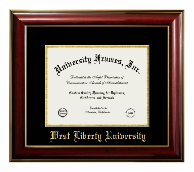 West Liberty University Diploma Frame in Classic Mahogany with Gold Trim with Black & Gold Mats for DOCUMENT: 8 1/2"H X 11"W  