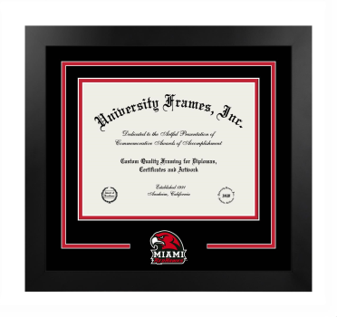 Miami University Logo Mat Frame in Manhattan Black with Black & Red Mats for DOCUMENT: 8 1/2"H X 11"W  