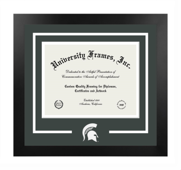 Michigan State University Logo Mat Frame in Manhattan Black with Forest Green & White Mats for document: 8 1/2"h x 11"w  