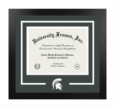 Michigan State University Logo Mat Frame in Manhattan Black with Forest Green & White Mats for DOCUMENT: 8 1/2"H X 11"W  
