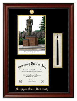Michigan State University Double Opening with Campus Image & Tassel Box (Stacked) Frame in Avalon Mahogany with Black & Gold Mats for  8 1/2"h x 11"w  