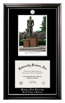 Michigan State University Broad College of Business Double Opening with Campus Image (Stacked) Frame in Classic Ebony with Silver Trim with Black & Silver Mats for document: 8 1/2"h x 11"w  