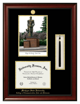 Michigan State University College of Communication Arts and Sciences Double Opening with Campus Image & Tassel Box (Stacked) Frame in Avalon Mahogany with Black & Gold Mats for document: 8 1/2"h x 11"w  