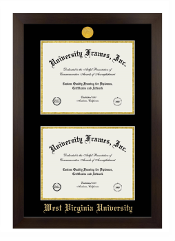 West Virginia University Double Degree (Stacked) Frame in Manhattan Espresso with Black & Gold Mats for document: 8 1/2"h x 11"w  , document: 8 1/2"h x 11"w  