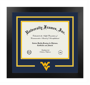 West Virginia University College of Creative Arts Logo Mat Frame in Manhattan Black with Navy Blue & Amber Mats for document: 8 1/2"h x 11"w  