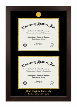 West Virginia University College of Creative Arts Double Degree (Stacked) Frame in Manhattan Espresso with Black & Gold Mats for document: 8 1/2"h x 11"w  , document: 8 1/2"h x 11"w  