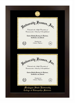 Michigan State University College of Osteopathic Medicine Double Degree (Stacked) Frame in Manhattan Espresso with Black & Gold Mats for document: 8 1/2"h x 11"w  , document: 8 1/2"h x 11"w  
