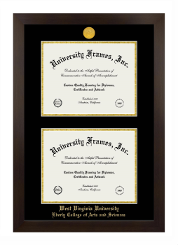 West Virginia University Eberly College of Arts and Sciences Double Degree (Stacked) Frame in Manhattan Espresso with Black & Gold Mats for document: 8 1/2"h x 11"w  , document: 8 1/2"h x 11"w  