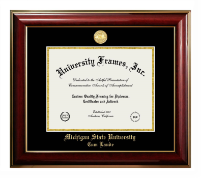 Michigan State University Cum Laude Diploma Frame in Classic Mahogany with Gold Trim with Black & Gold Mats for DOCUMENT: 8 1/2"H X 11"W  