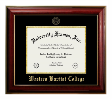 Western Baptist College Diploma Frame in Classic Mahogany with Gold Trim with Black & Gold Mats for DOCUMENT: 8 1/2"H X 11"W  