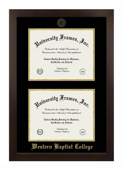 Western Baptist College Double Degree (Stacked) Frame in Manhattan Espresso with Black & Gold Mats for document: 8 1/2"h x 11"w  , document: 8 1/2"h x 11"w  