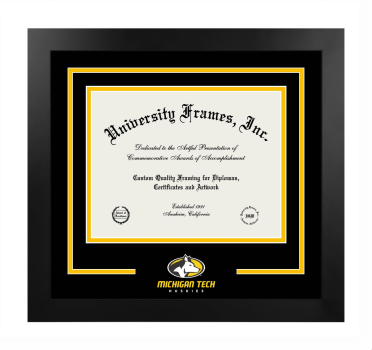 Michigan Technological University School of Technology Logo Mat Frame in Manhattan Black with Black & Amber Mats for document: 8 1/2"h x 11"w  
