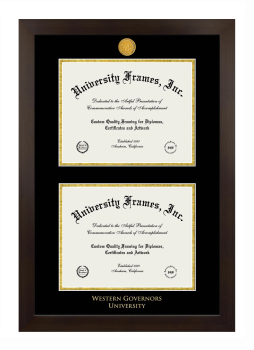 Western Governors University Double Degree (Stacked) Frame in Manhattan Espresso with Black & Gold Mats for DOCUMENT: 8 1/2"H X 11"W  , DOCUMENT: 8 1/2"H X 11"W  